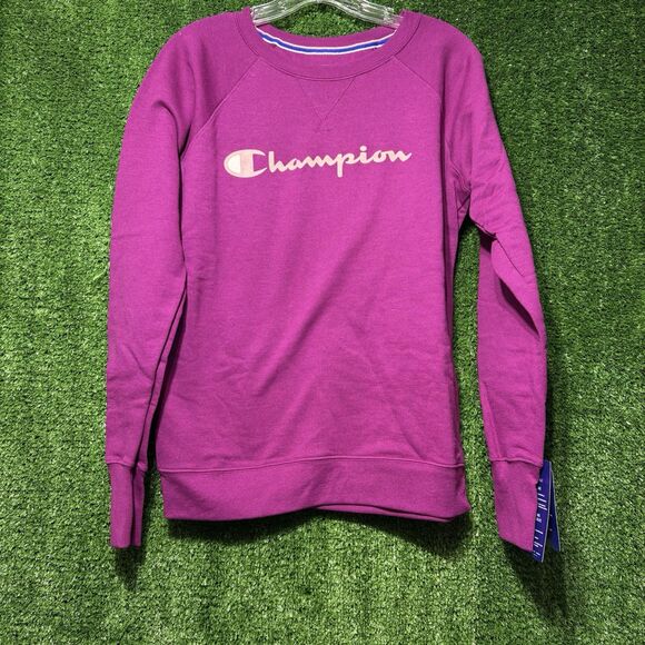 NWT Champion Purple Spellout Pullover Crewneck Sweatshirt Women’s Small - Picture 1 of 5